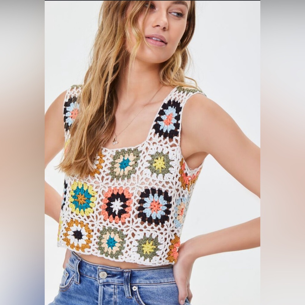 Forever 21 Colorful Crochet Floral Boho Hippie Crop Tank Top Sz Medium